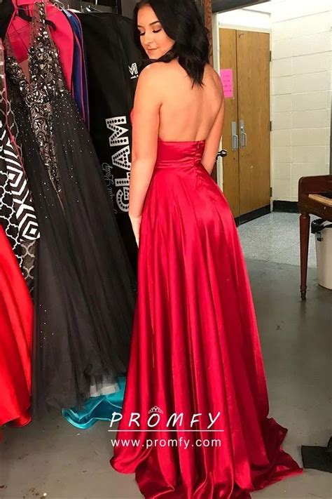 Red Backless Criss Cross Halter Split Prom Dress Promfy