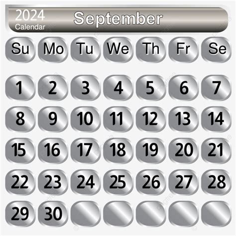 Calendario Del Mes De Septiembre 2024 En Color Plateado Vector PNG