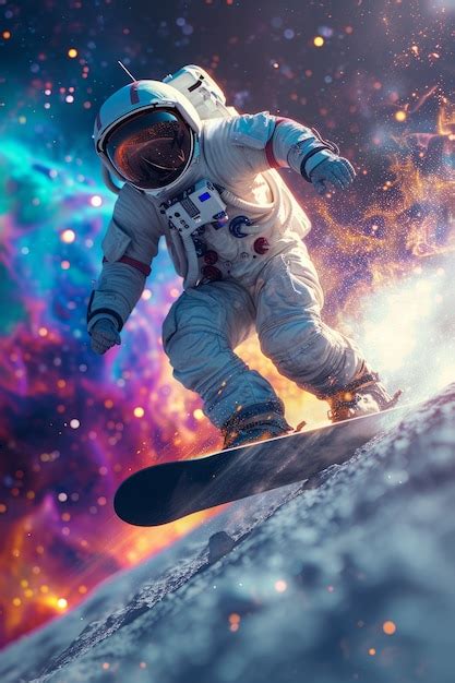 Vista De Un Astronauta En Traje Espacial Haciendo Snowboard En La Luna