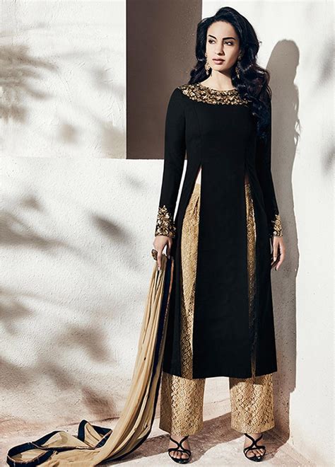 Buy Black Color Georgette Party Wear Straight Cut Salwar Kameez In UK