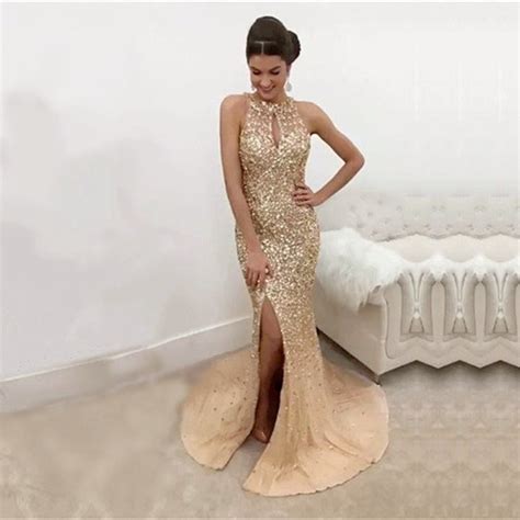 Champagne Crystal Beaded Mermaid Prom Dresses Halter Evening Gowns