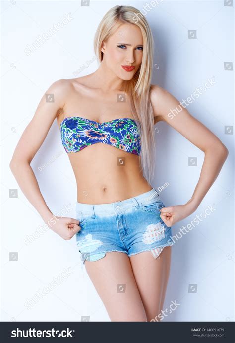 Blond Sexy Woman Short Jeans Bikini Stock Photo 140091679 Shutterstock
