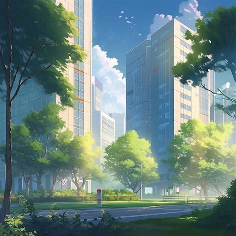 Premium Photo Anime City With Tall Buildings And Trees In The