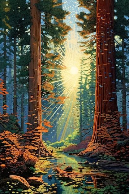 Una Pintura De Un Bosque Con El Sol Brillando A Trav S De Los Rboles