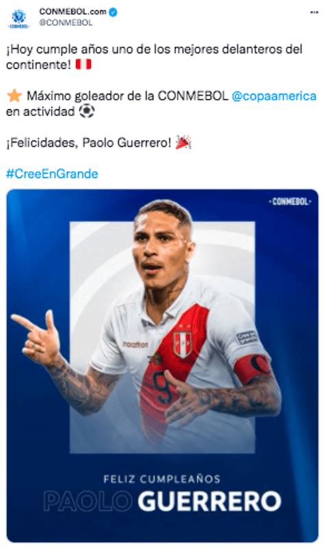 Paolo Guerrero así saludó la Conmebol al goleador de la selección