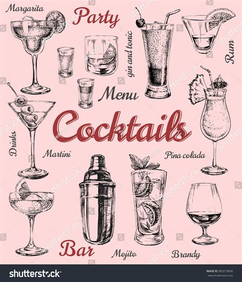 Set Sketch Cocktails Alcohol Drinks Vector Stock Vector Royalty Free