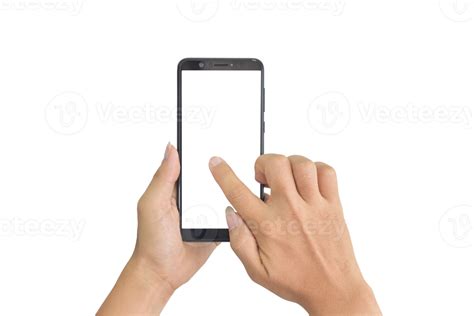 Hand Holding Phone Mobile And Touching Screen On Transparent Background