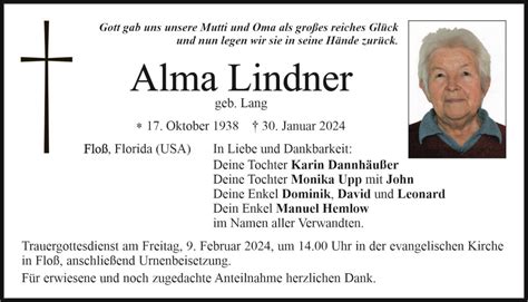 Traueranzeige Alma Lindner Floß OberpfalzECHO