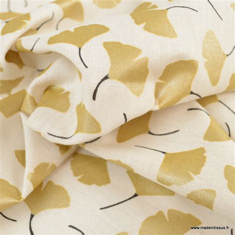 Tissu Coton Motifs Ginkgo Or Fond Ivoire Oeko Tex