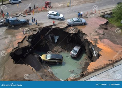 Large Sinkhole With Cars And Trucks Falling Into The Depths Stock