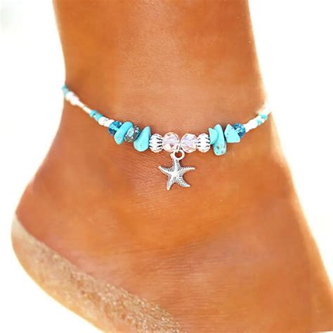 Bohemian Starfish Beads Stone Anklets Women Silver Chain Beach Ankle