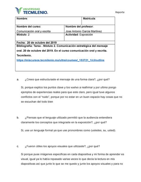 Evidencia 1 Comunicación Reporte Nombre Matrícula Nombre del