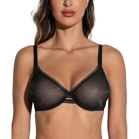 Deyllo Women S Sheer Mesh Lace Unlined Underwire Bra Sexy See Through Demi Braletteblack 36c