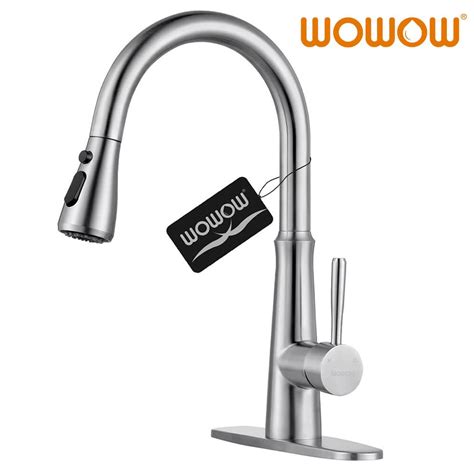 Wowow Pull Down Brushed Nickel Kitchen Sink Faucets With Deck Plate