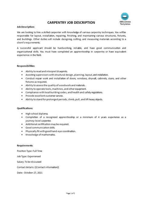 Carpentry Job Description Templates At