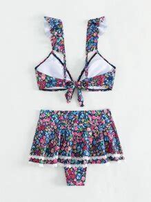 Shein Swim Mod Ditsy Floral Print Bikini Set Ruffle Trim Knot Wireless Bra Skirt Piece