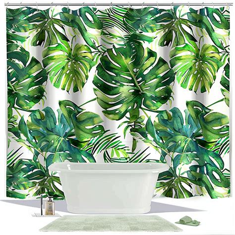 Exotic Tropical Rainforest Shower Curtain Set Monstera And Palm Leaf