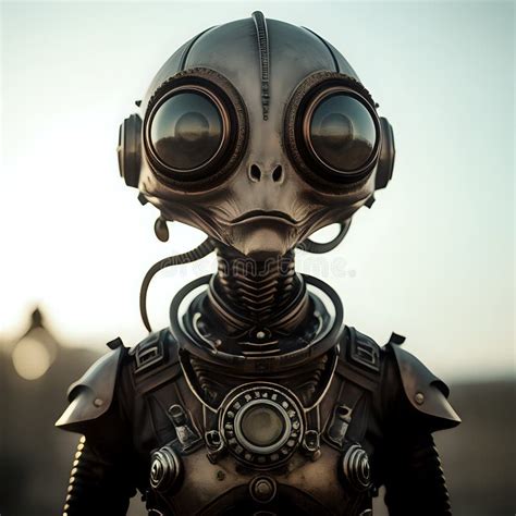 A Photograph Of A Steampunk Alien Taken From A Low Angle Viewpoint