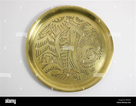 Stylish Art Deco Brass Tray Etched With A Design Of A Naked Woman Standing Beside A Stag With