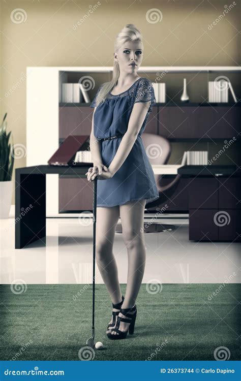 Blonde Girl Pays Golf In A Vintage Style Stock Photo Image Of Girl Cute
