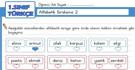 1 Sınıf Türkçe Alfabetik Sıralama Etkinliği 2 Meb Ders