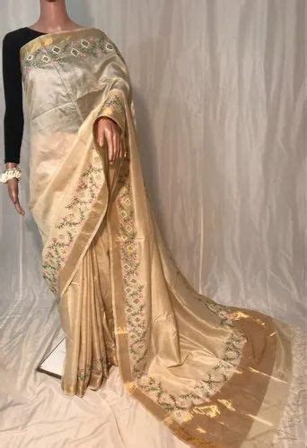 Embroidered Pure Tussar Silk Cut Work Saree 6 3 M With Blouse Piece