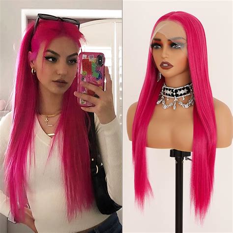 Amazon Oxeely Pink Lace Front Wig Long Straight Hot Pink Wig