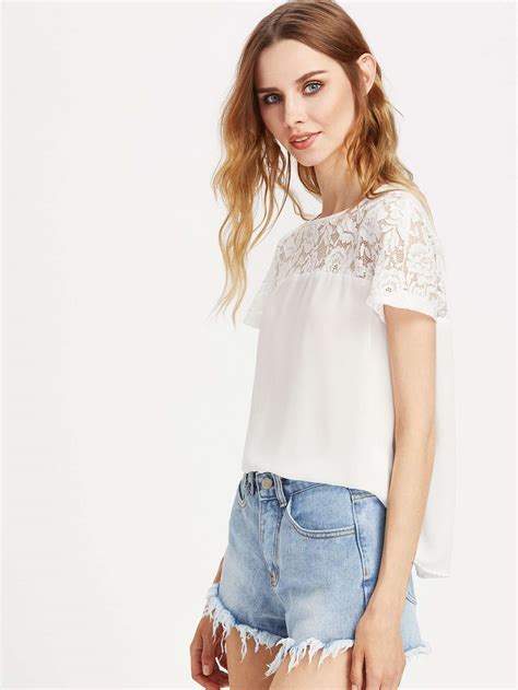 Illusion Floral Lace Yoke Split Bow Back Top Shein Sheinside