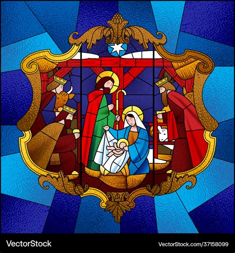 Stained Glass Window Depicting Christmas Scene Vector Image