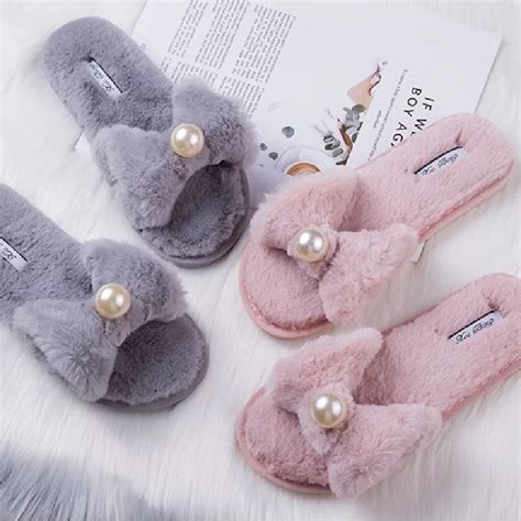 Winter House Slippers Women Pearl Bow Fluffy Cute Lady Slipper Soft