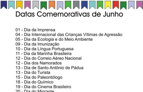 Datas Comemorativas Mes De Junho De Rebe Valery