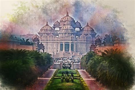 Peinture D Aquarelle De Fa Ade D Un Temple Akshardham Delhi Inde