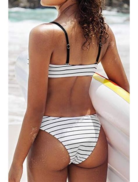 Buy Cupshe Womens White Striped Printed High Leg Bandeau Buttons