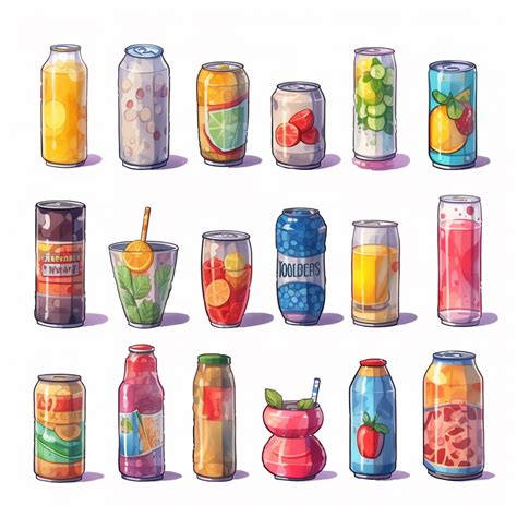 Watercolor Cold Drinks Set Soda Water Sweet Fizzy Beverages Fruit