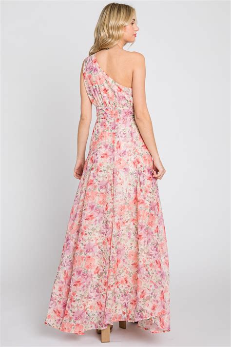 Pink Floral Chiffon One Shoulder Maxi Dress Pinkblush