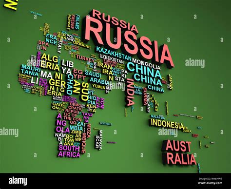 The world map with all states and their names 3d illustration on green ...