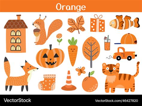 Orange Color Objects Set Learning Colors For Kids Vector Image