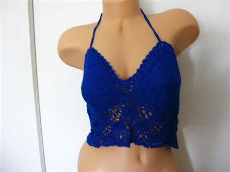 Bikini Crop Top Crochet Knit Teal Halter Top Trendy Lacy Midriff Bralette Summer Fashion Top