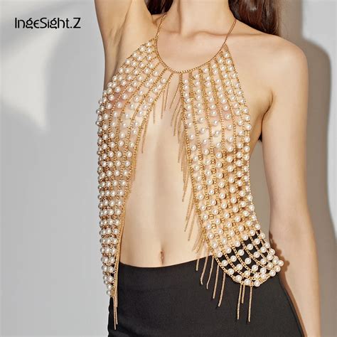 Ingesight Z Fashion Boho Imitation Pearls Full Body Chain Bar Statement