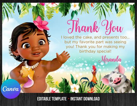 Baby Moana Thank You Card Princess Birthday Girl Printable Editable