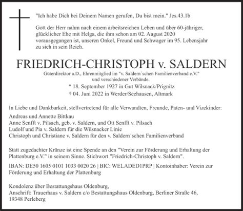 Traueranzeigen Von Friedrich Christoph V Saldern Sz Gedenken De