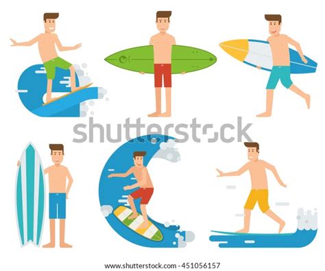 Surfer Characters Set Surfing People Surfboards: стоковая векторная графика (без лицензионных ...