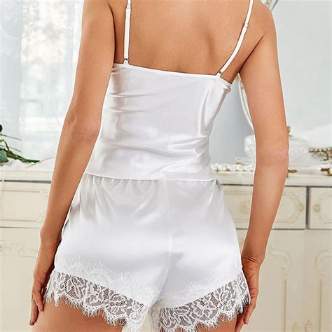 Size White Lace Spaghetti Straps Top And Short Pants Lingerie Set N
