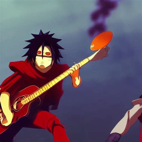 Madara Uchiha Playing Guitar While Obito Uchiha Sings Into A Microphone