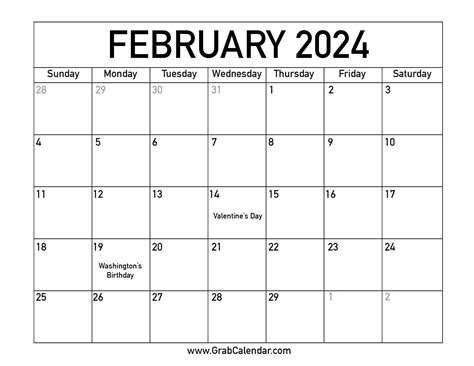 C2024 February Calendar With Holidays Printable 2024holidays In