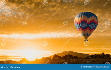 Hot Air Balloon Flying At Yellow Sunrise Stock Image Image Of Ballooning Landscape
