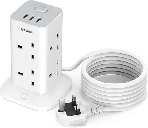 Tower Extension Lead 3M With 3 USB Slots TESSAN Extension Cable 8 Way