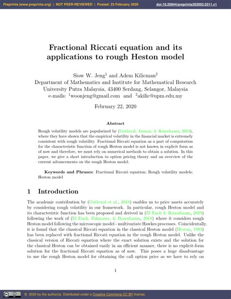 Pdf Fractional Riccati Equation And Its Applications To Rough Heston