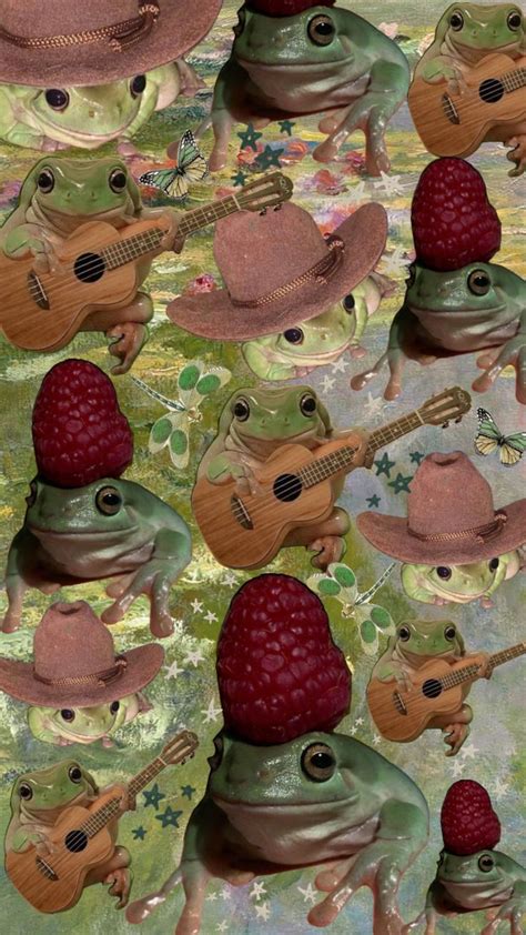 Frog Playing Guitar And Raspberries On Top Of Each Other In Front Of A