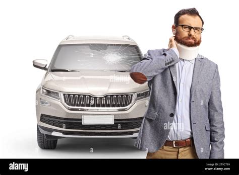 Bearded Man With A Cervical Collar After A Car Accident Isolated On